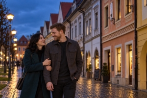 Večerné rande dvojice pri historických domoch v Bardejove, ilustračná AI fotografia