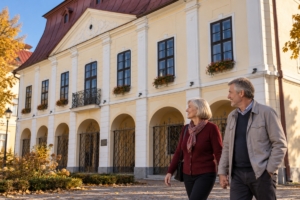 Dvojica pri bývalej radnici a Horehronskom múzeu v Brezne, ilustračná AI fotografia