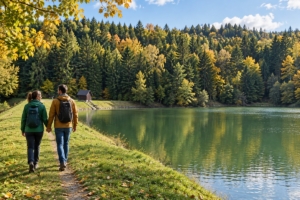 Dvojica na prechádzke pri tajchu Klinger, ilustračná AI fotografia