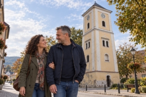 Dospelá dvojica pri mestskej zvonici v Ilave cez deň, ilustračná AI fotografia