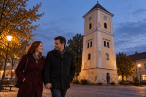 Dvojica počas večernej prechádzky pri zvonici v Ilave, ilustračná AI fotografia