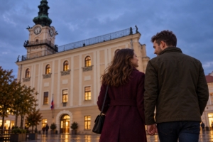 Dvojica kráčajúca ruka v ruke pri kežmarskej radnici večer, ilustračná AI fotografia