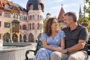 Dvojica pri fontáne na Nádvorí Európy v Komárne, ilustračná AI fotografia