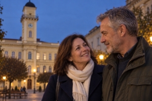 Večerné rande dvojice na námestí pri radnici v Komárne, ilustračná AI fotografia