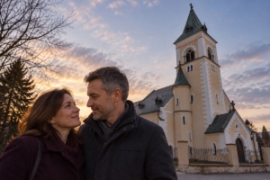 Dvojica pri kostole svätého Jakuba v Kysuckom Novom Meste za súmraku, ilustračná AI fotografia