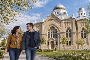 Dvojica pri synagóge v Lučenci počas dennej prechádzky, ilustračná AI fotografia