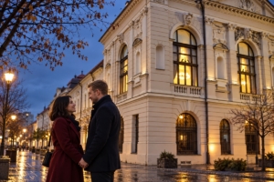 Dvojica na večernom rande pri nárožnej časti lučenskej radnice, ilustračná AI fotografia