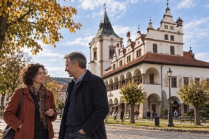 Dospelá dvojica pri historickej radnici v Levoči cez deň, ilustračná AI fotografia