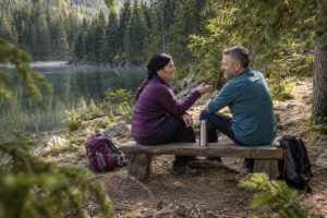 Dvojica turistov počas oddychu pri Vrbickom plese, ilustračná AI fotografia