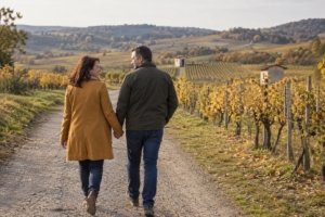 Dvojica na prechádzke medzi vinicami v mierne zvlnenej krajine, ilustračná AI fotografia