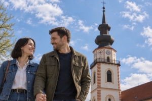 Dvojica pri evanjelickom kostole v Myjave počas dennej prechádzky, ilustračná AI fotografia