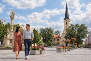 Dvojica na Hlavnom námestí v Nových Zámkoch pri farskom kostole a Stĺpe Najsvätejšej Trojice, ilustračná AI fotografia