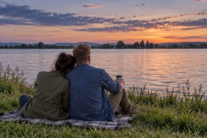 Dvojica na brehu Sĺňavy pri večernom posedení, ilustračná AI fotografia