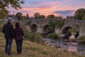 Dvojica pri kamennom moste v poltárskej časti Zelené za súmraku, ilustračná AI fotografia