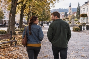 Dvojica na dennej prechádzke mestským priestorom so stromami, ilustračná AI fotografia