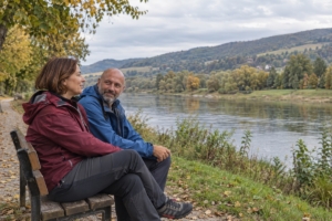 Dvojica pri rozhovore na lavičke pri rieke v mierne zvlnenej krajine, ilustračná AI fotografia