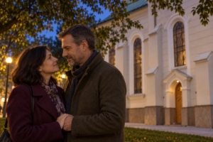Večerné stretnutie dvojice pri bočnej fasáde Kostola sv. Ondreja v Ružomberku, ilustračná AI fotografia