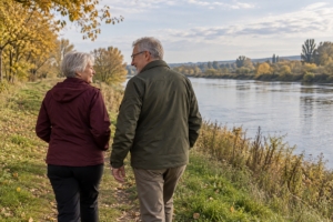 Dvojica na prechádzke pri širokej rieke v rovinnej krajine, ilustračná AI fotografia