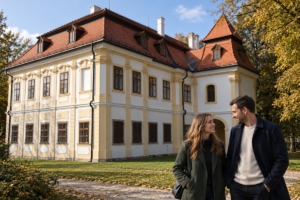 Dospelá dvojica pri kaštieli so Záhorskou galériou Jána Mudrocha v Senici cez deň, ilustračná AI fotografia