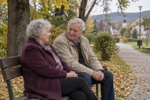 Dvojica na pokojnej prechádzke v mestskej zeleni, ilustračná AI fotografia