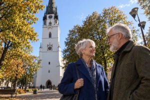Dospelá dvojica pri kostole Nanebovzatia Panny Márie v Spišskej Novej Vsi cez deň, ilustračná AI fotografia
