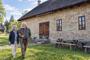 Dvojica pri historickej furmanskej krčme vo svidníckom skanzene, ilustračná AI fotografia