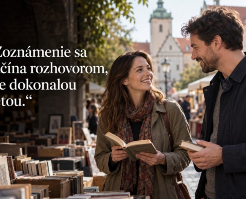 Nenútený rozhovor dvojice na knižnom trhu. Citát: Zoznámenie sa začína rozhovorom, nie dokonalou vetou.