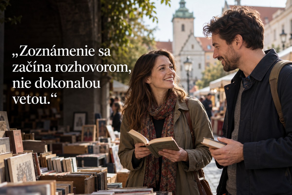 Nenútený rozhovor dvojice na knižnom trhu. Citát: Zoznámenie sa začína rozhovorom, nie dokonalou vetou.