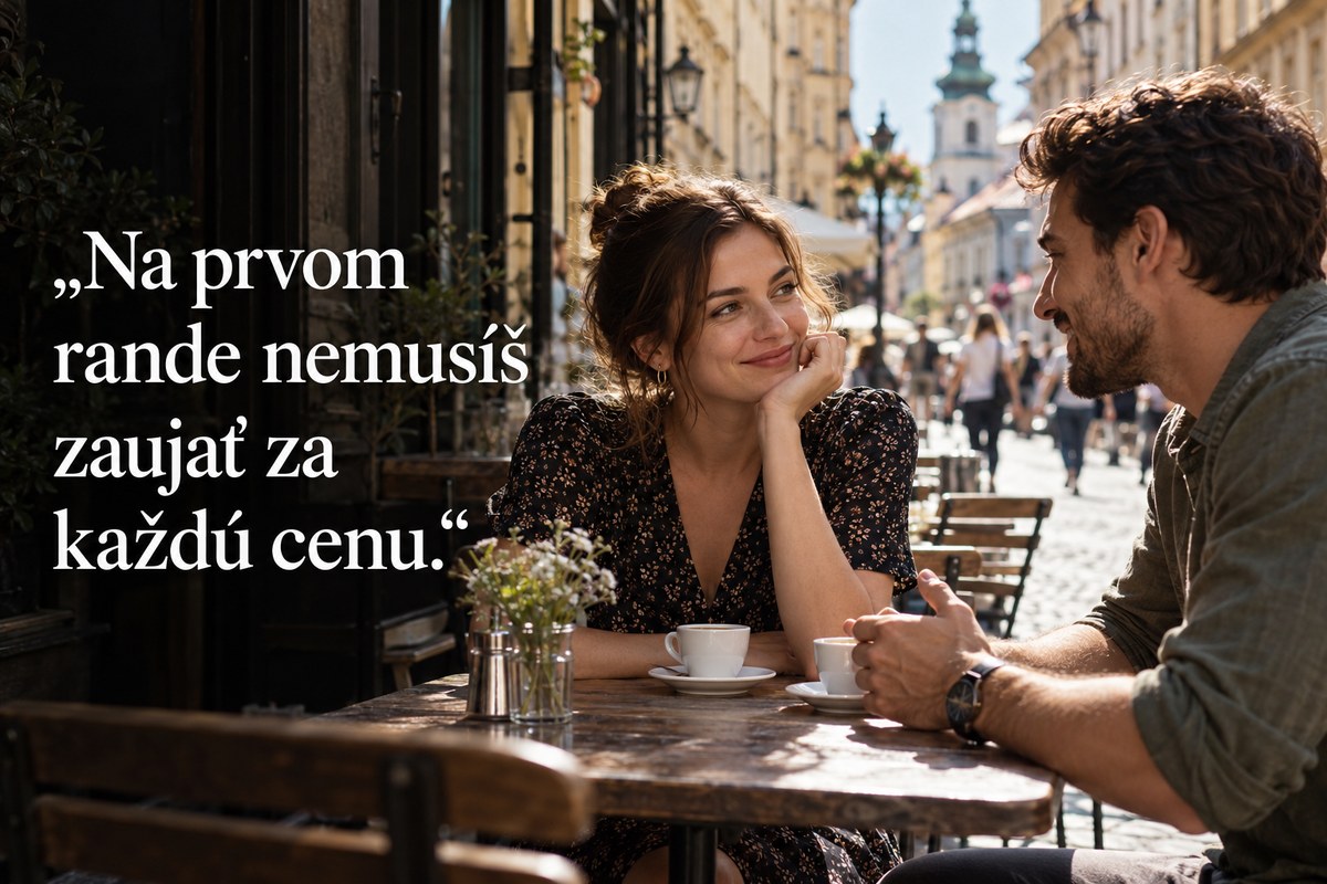 Dvojica pri rozhovore na prvom rande v kaviarni. Citát: Na prvom rande nemusíš zaujať za každú cenu.
