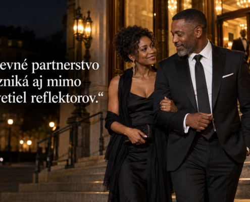 Dvojica po spoločnej návšteve divadla. Citát: Pevné partnerstvo vzniká aj mimo svetiel reflektorov.