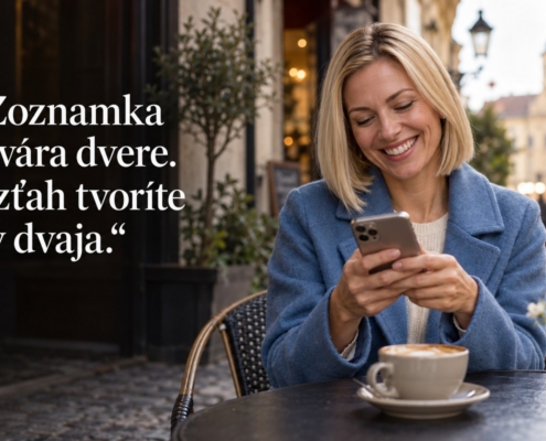 Online zoznamovanie pri káve v meste. Citát: Zoznamka otvára dvere. Vzťah tvoríte vy dvaja.
