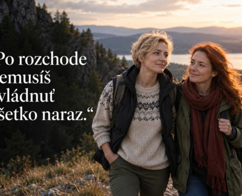 Podpora blízkej osoby počas náročného obdobia po rozchode. Citát: Po rozchode nemusíš zvládnuť všetko naraz.