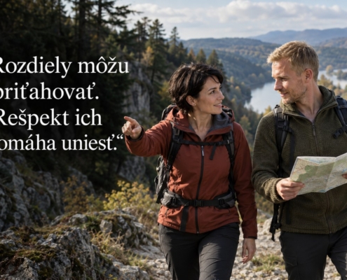 Rozdielne povahy sa dohadujú na spoločnom výlete. Citát: Rozdiely môžu priťahovať. Rešpekt ich pomáha uniesť.