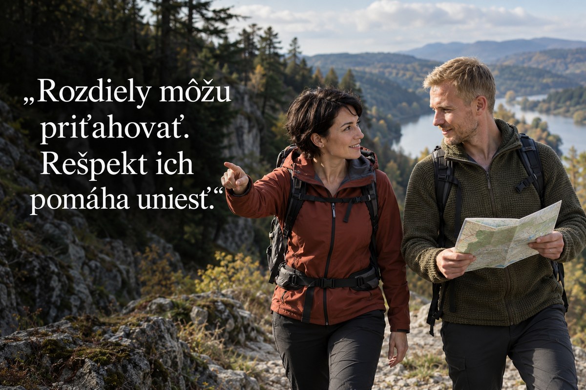 Rozdielne povahy sa dohadujú na spoločnom výlete. Citát: Rozdiely môžu priťahovať. Rešpekt ich pomáha uniesť.