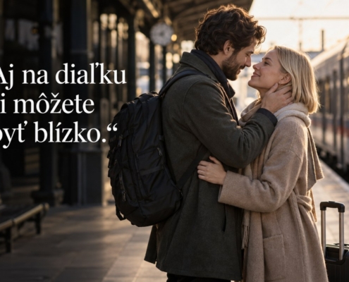 Dvojica pri lúčení na stanici vo vzťahu na diaľku. Citát: Aj na diaľku si môžete byť blízko.