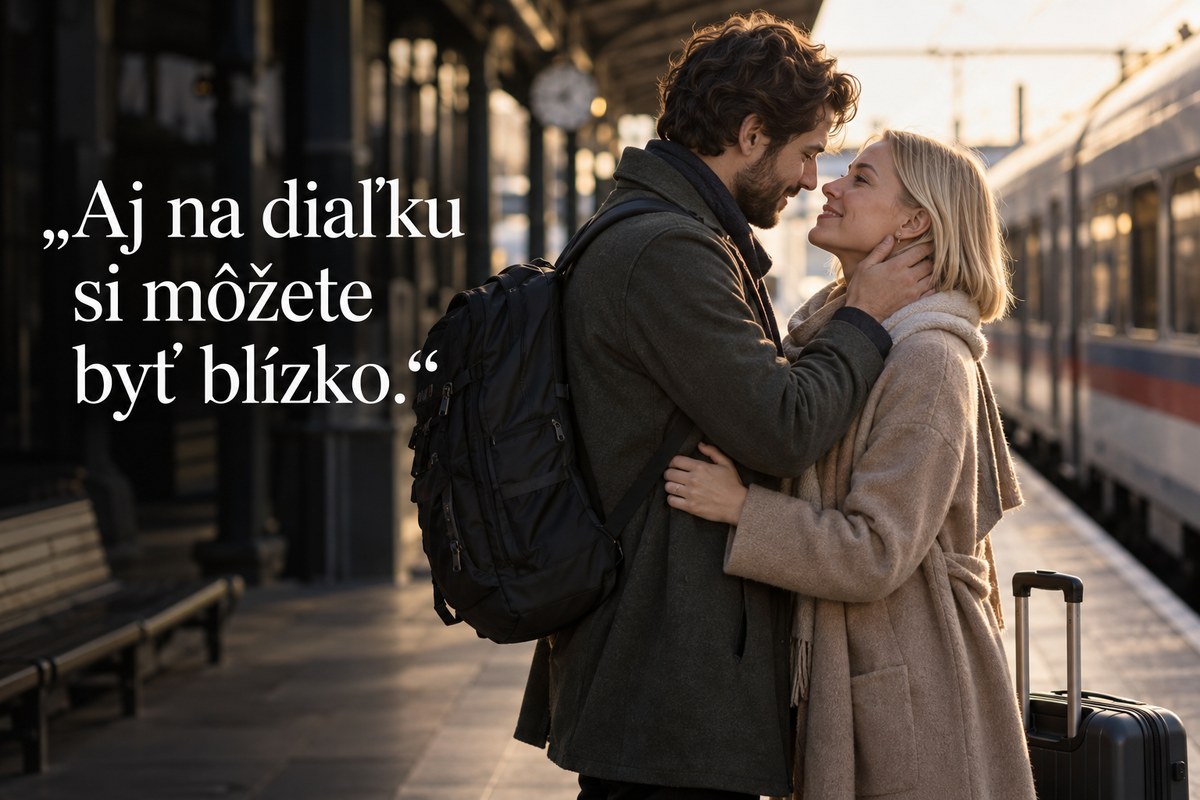 Dvojica pri lúčení na stanici vo vzťahu na diaľku. Citát: Aj na diaľku si môžete byť blízko.