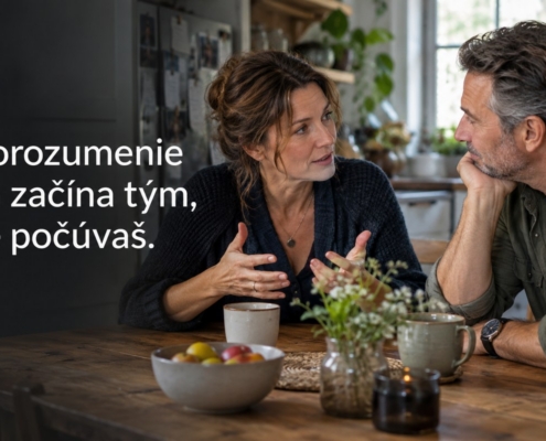 Pár pokojne rozoberá bežný deň. Citát: Porozumenie sa začína tým, že počúvaš.