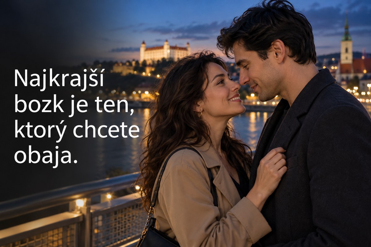 Dvojica sa na seba usmieva pred bozkom. Citát: Najkrajší bozk je ten, ktorý chcete obaja.