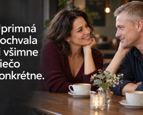 Žena úprimne chváli muža pri rozhovore. Citát: Úprimná pochvala si všimne niečo konkrétne.