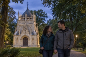 Dvojica na podvečernej prechádzke pri mauzóleu v trebišovskom parku, ilustračná AI fotografia