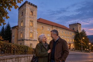 Dvojica pri Biskupskom kaštieli v Žiari nad Hronom za súmraku, ilustračná AI fotografia